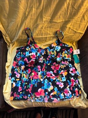 Aqua Green Black Floral Layered tankini top